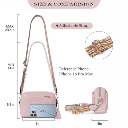 Roulens Triple Zip Small Crossbody Bag for women,Wide Strap Cell Phone Purse Shoulder Handbag Wallet with Credit Card Slots