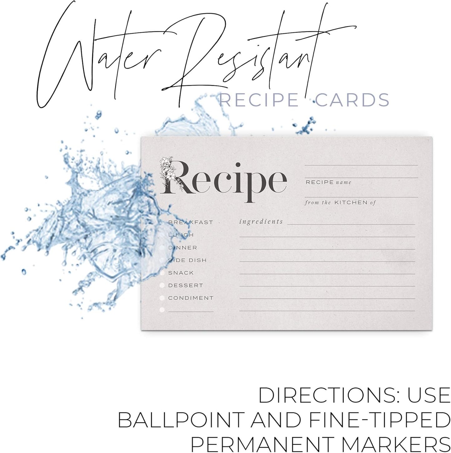 Rustic Vintage Floral Recipe Cards: 48 Cards, 4x6 inches, Beige-Grey, Water-Resistant and Double-Sided
