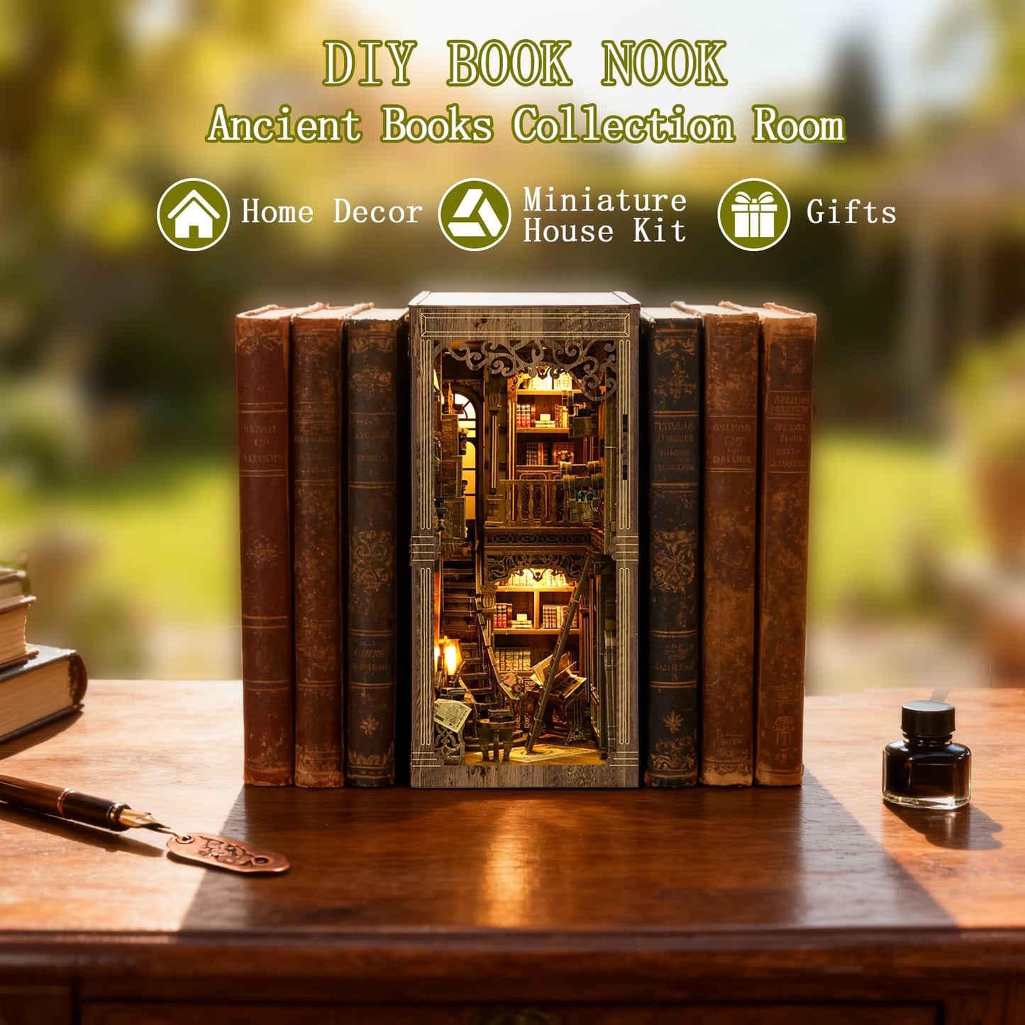 Book Nook Kit - DIY Miniature House Kit for Adults and Teens, 3D Wooden Puzzle Book Nook Craft Bookshelf Decor, Gifts for Birthday Father's Day, Ancient Books Collection Room
