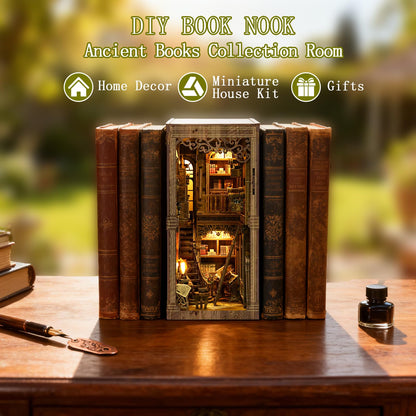 Book Nook Kit - DIY Miniature House Kit for Adults and Teens, 3D Wooden Puzzle Book Nook Craft Bookshelf Decor, Gifts for Birthday Father's Day, Ancient Books Collection Room