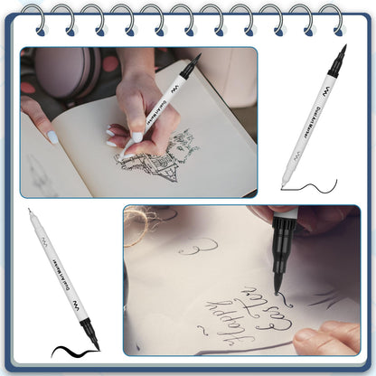 Affrolling 50 Pcs Black Drawing Pens Bulk Dual Brush Fineliners Pens Felt Tip Markers for Art Drawing Sketching