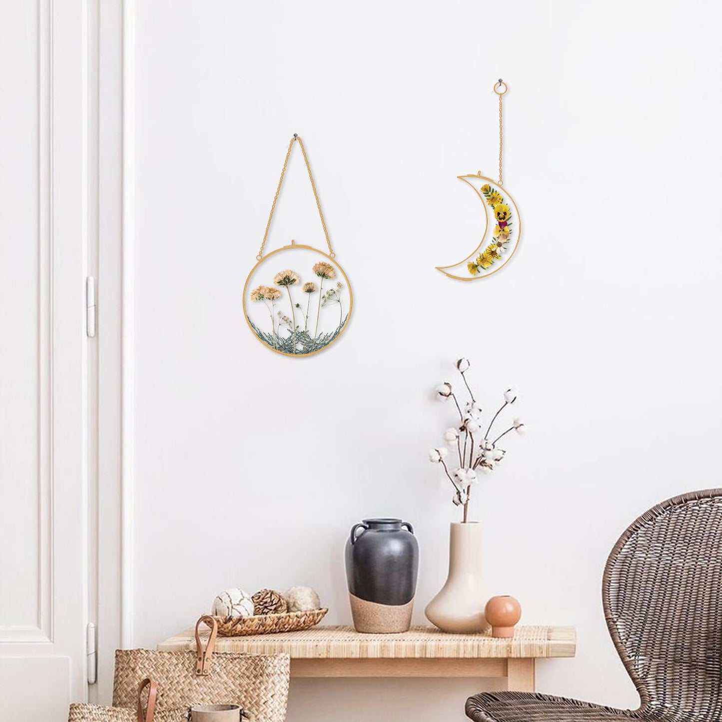 Pressed Flower Frame Kit, Sun and Moon Double Glass Hanging Frames with 68 Dried Flowers, Gold Botanical Wall Decor DIY Craft Kit for Adults, Flower Lover Gift for Mother’s Day & Birthday
