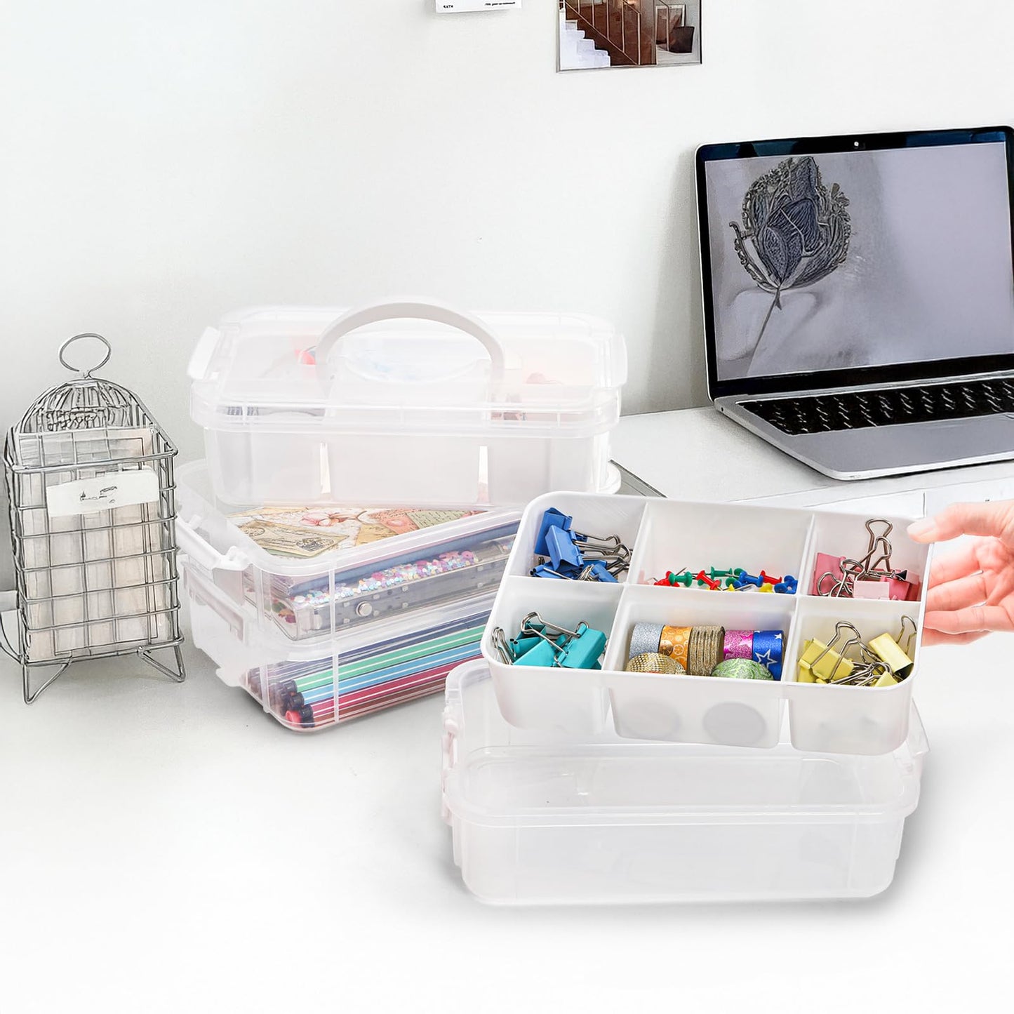 Foraineam 4-Tier Clear Storage Bins With 2 Divided Trays, Stackable Carry Storage Box Container, Plastic Lidded Organizer Case With Handle for Beads, Tools, Arts & Crafts, Sewing, Office Supplies