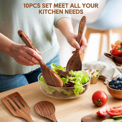 Skiennix Wooden Spoons Set - 10PCS Teak Cookware Utensils with Hooks | Smooth Finish & Heat Resistant