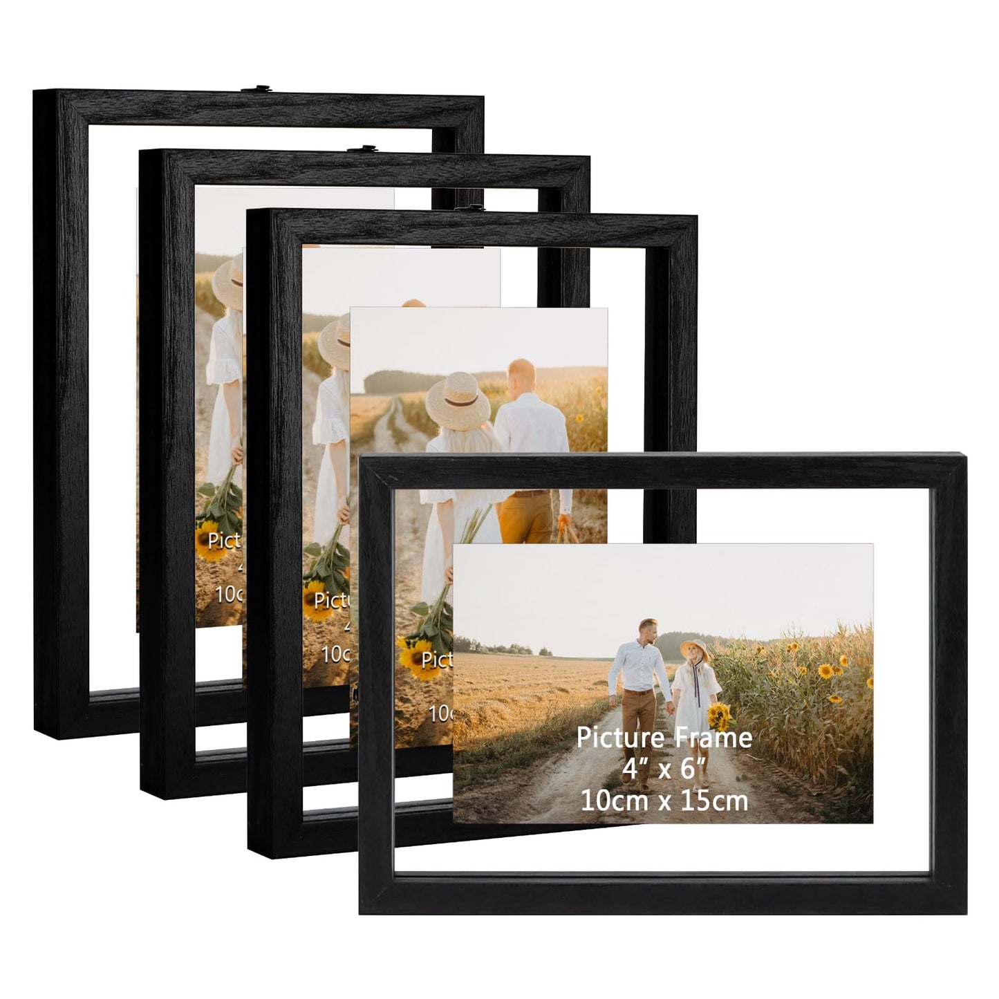 WIFTREY 4x6 Floating Picture Frames Set of 4, Black Rustic Picture Frame 4 x 6 for Wall Hanging, Double Glass Family Photo Frame Display Multi Size, 3.5x5, 4x6, 5x7, 6x8