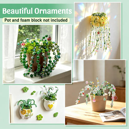 5422PCS Forever Plant Bead Kit, Green Glass Beads for Beaded Plants & Succulent DIY Crafts, Sun Catcher Home Decor Kit with Leaf Flower Beads, Moss, Floral Wire,Bead Stop Clamp (no pot & foam block)