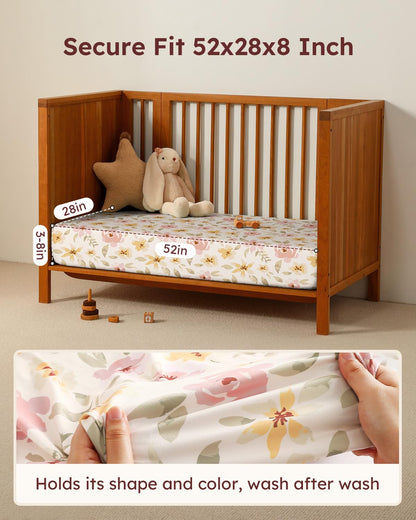 Unnivoll Baby Crib Sheets | Soft Microfiber Fitted Sheets for Standard Crib & Toddler Mattress - 3 Pack, Pink Flowers & Leaf, 28x52x8in