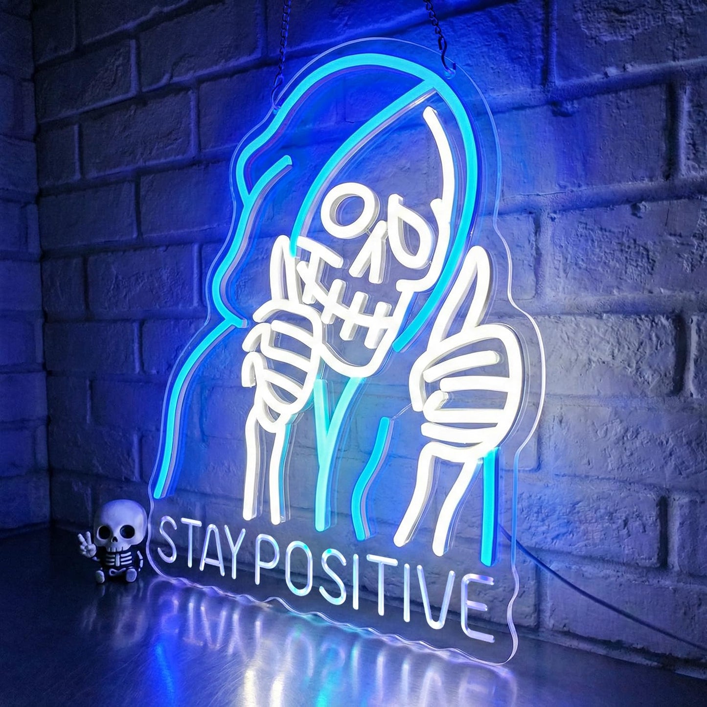 STAY POSITIVE Neon Sign Wall Decor, Motivational Skeleton‌ Lights up, Inspirational LED Sign Halloween Party Decorations for Man Beer Bar Man Cave Pub Garage Workshop