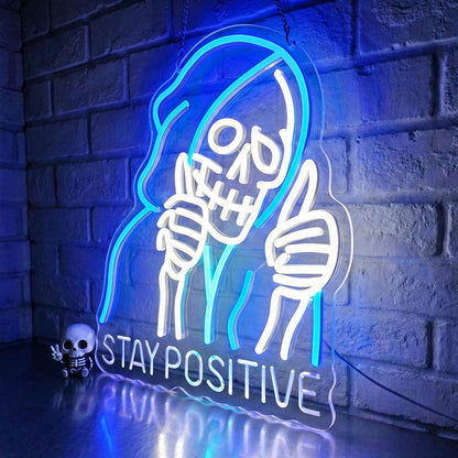 STAY POSITIVE Neon Sign Wall Decor, Motivational Skeleton‌ Lights up, Inspirational LED Sign Halloween Party Decorations for Man Beer Bar Man Cave Pub Garage Workshop