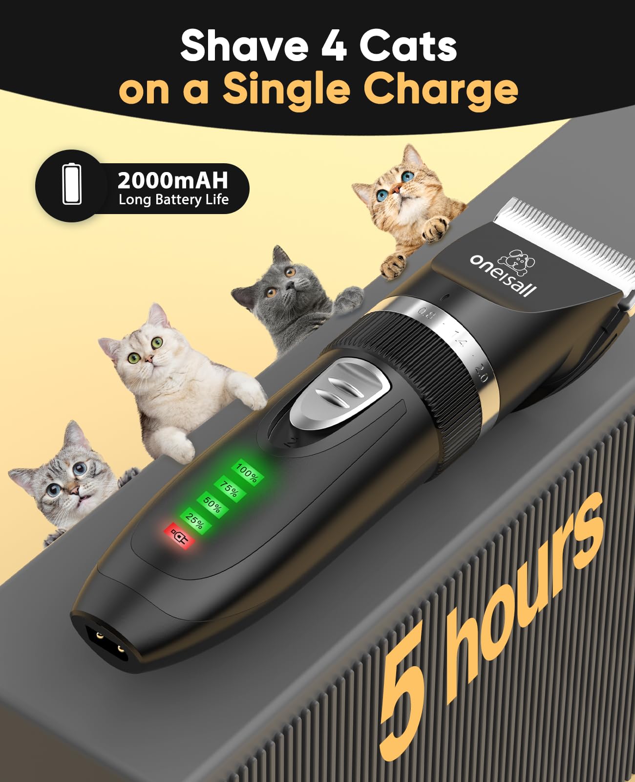 oneisall Quiet Cat Clippers for Matted & Long Hair, 2-Speed Cordless Pet Shaver Grooming Kit for Cats, Small Dogs & Animals (Black)