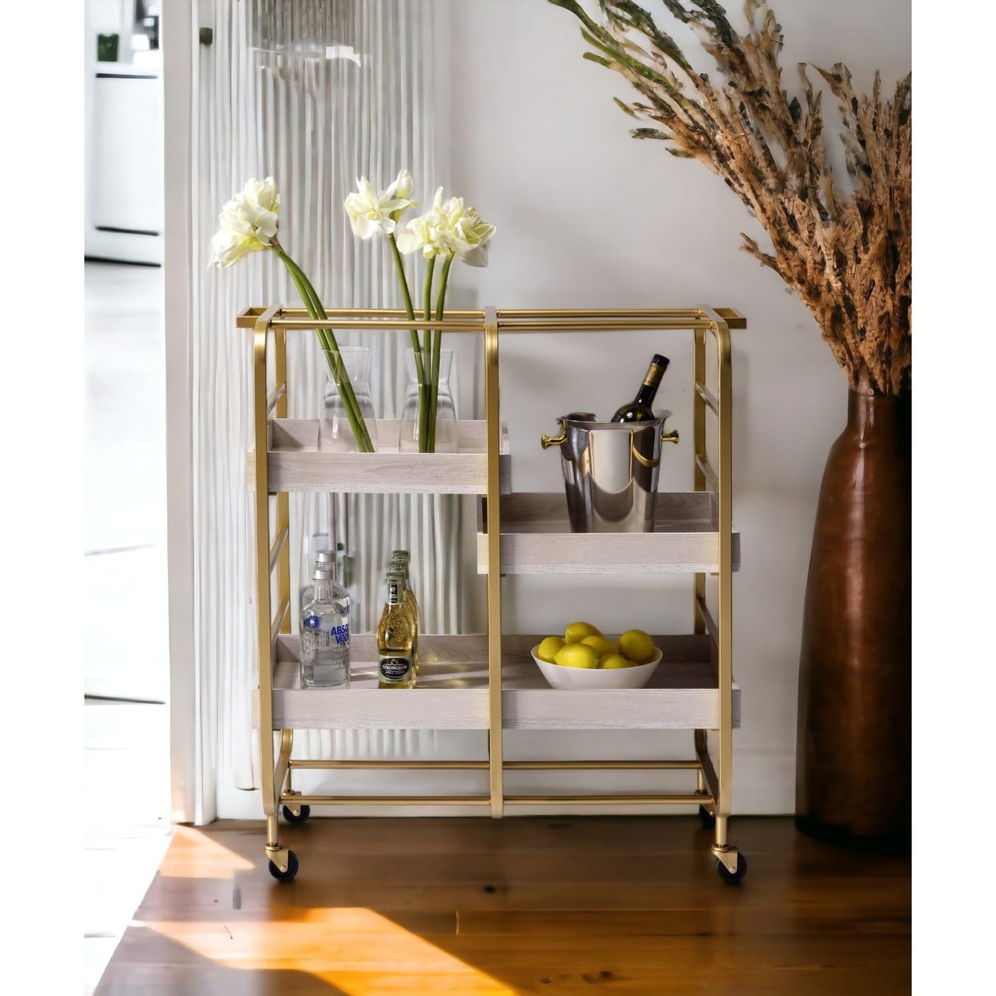 Gold & White Washed Finish Rectangular Serving Cart - 3 Open Compartments for Kitchen and Dining Room Storage