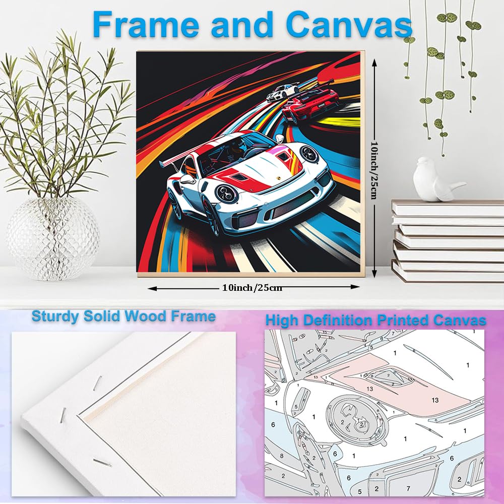 Artunion Framed Paint by Numbers Kit for Adults Beginners & Kids Ages 8-12,Racing Car Paint by Number with Frame,Car Lovers Paint by Numbers Kit on Canvas 10 * 10 Inch Without Easel