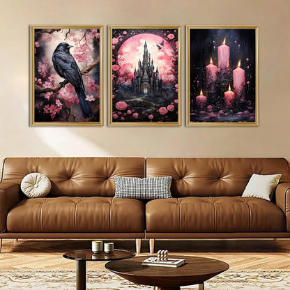 DAZZLEDOTS Diamond Art Kits for Adults, 3 Pack Pink Diamond Painting Kits for Beginner DIY Crow Castle and Candle 5D Full Drill Diamond Dots Crafts for Home Wall Decor Gifts 12x16 Inch