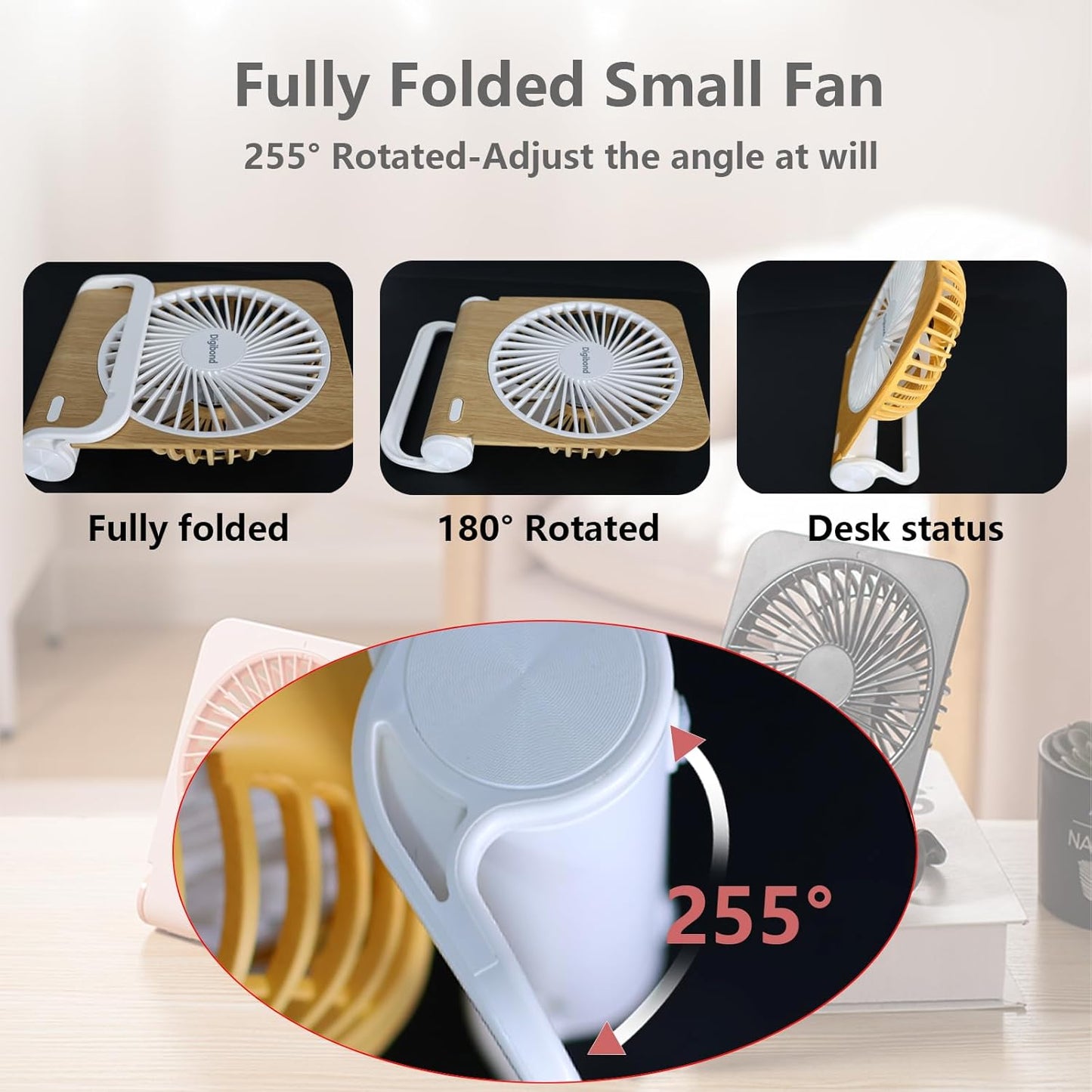 Small Quiet Desk Fan, 5in Rotatable, Foldable & Rechargeable, 3000mAh Battery Operated, Strong Airflow (Light Wood)
