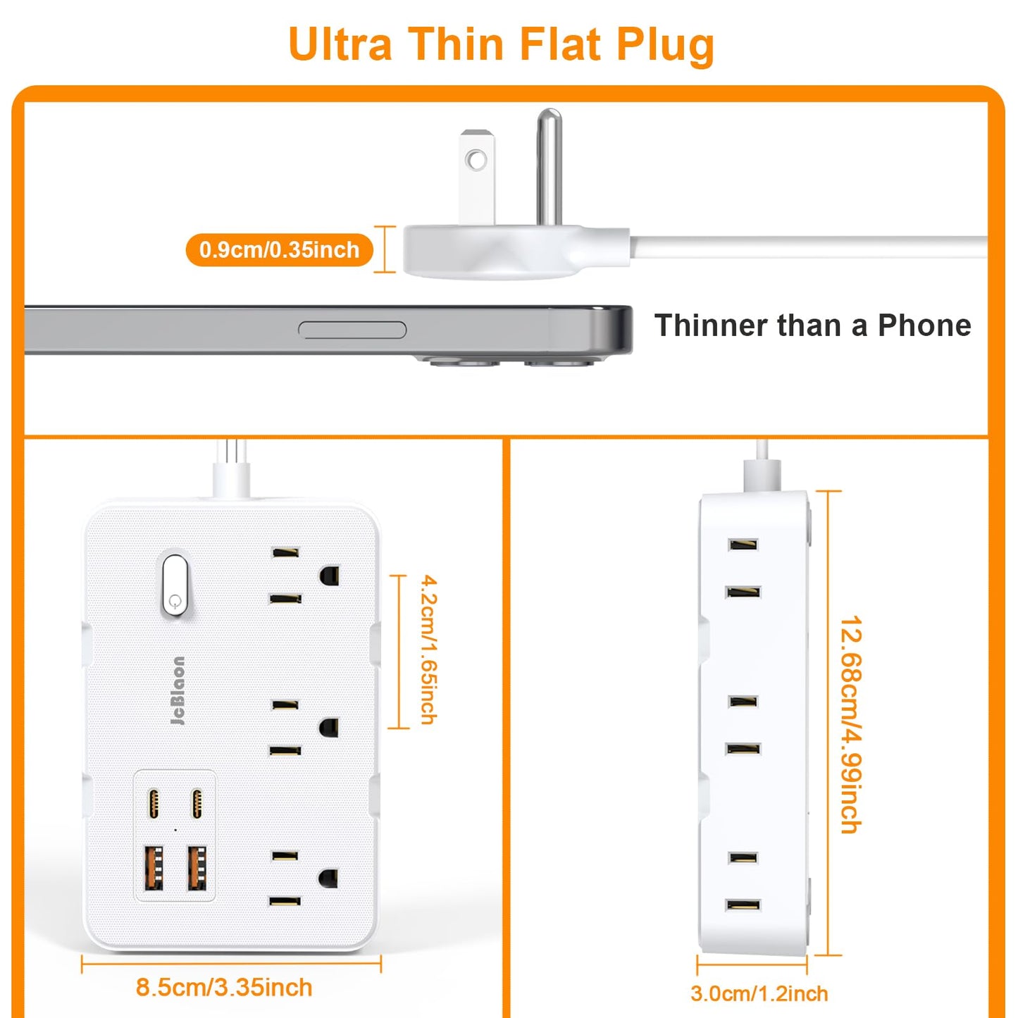 Flat Plug Power Strip Surge Protector, 5ft Ultra Thin Extension Cord with 4 USB Wall Charger(2 USB C Port), 6 Widely-Spaced Outlets Power Strip Compact for Travel, Office, Dorm Room Essentials (White)