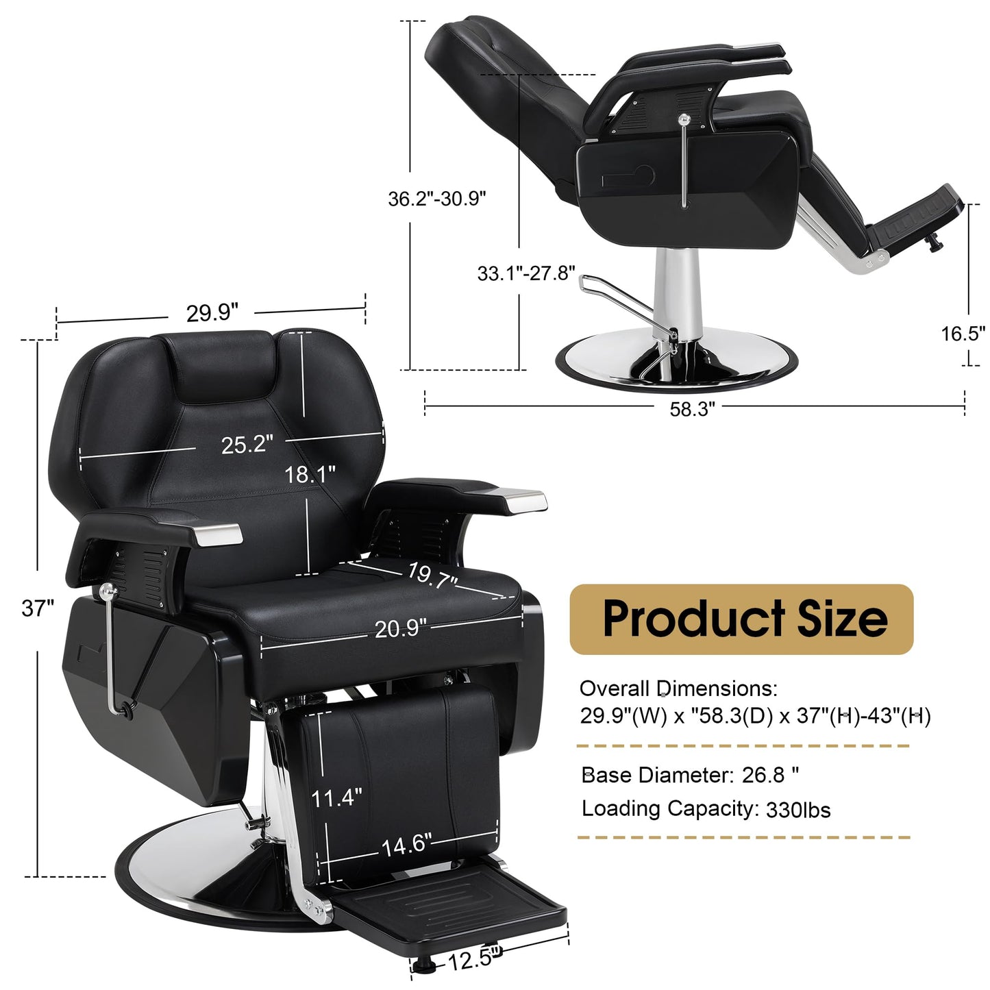 BarberPub Heavy Duty Reclining Barber Chair, All Purpose Hydraulic Salon Chairs for Hair Stylist, Barbershop Salon Tattoo 2688 (Black)