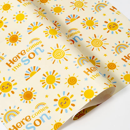 WERNNSAI Baby Sun Wrapping Paper - 6 Sheets 19.7” x 27.5” Baby Shower Wrapping Paper Boy Yellow Sunflower Paper Boho Design for 1st Birthday Gift Wrap Supply