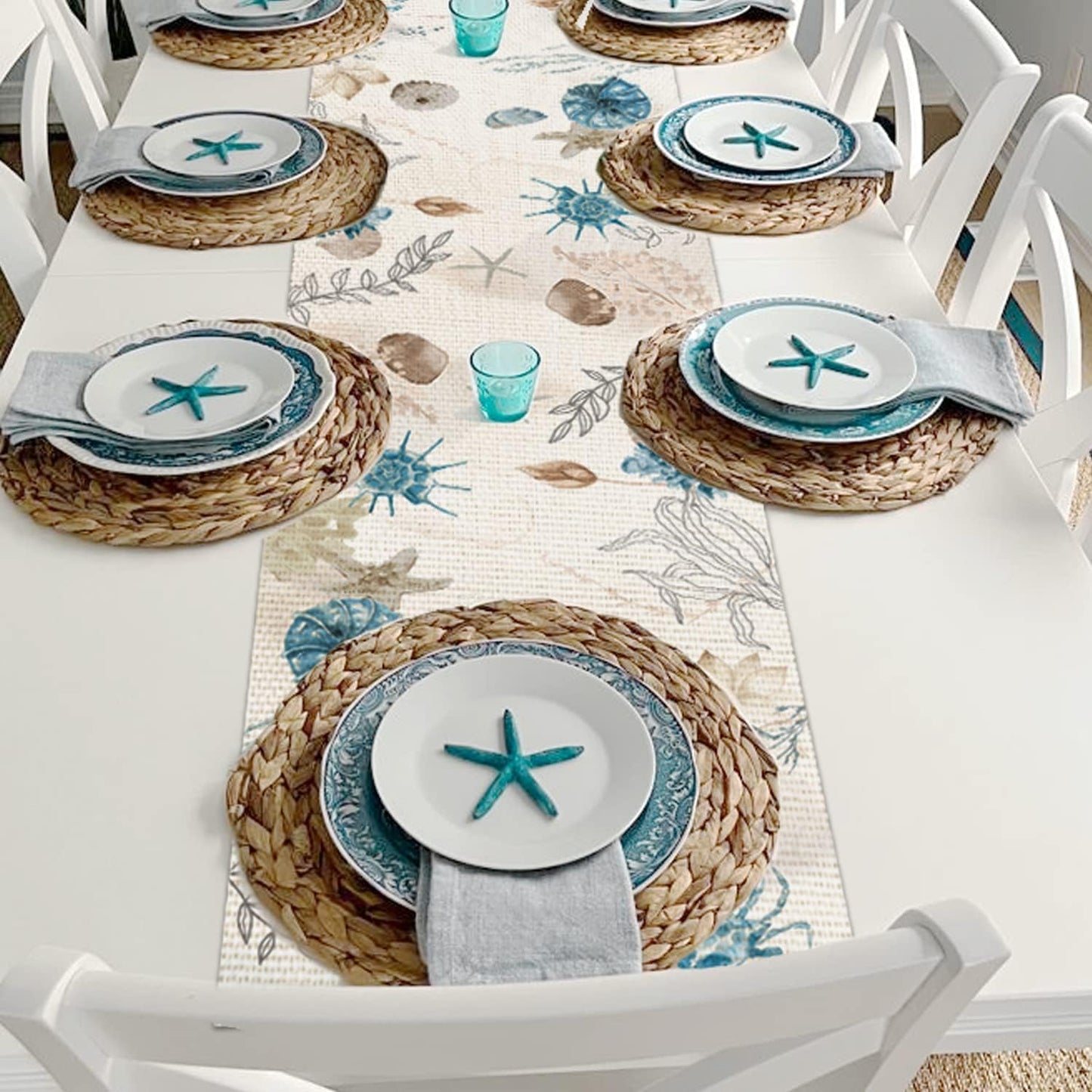 13x60 Inch PROCIDA Blue Beach Table Runner Tropical Ocean Coastal Table Runners Seashell Burlap Seasonal Nautical