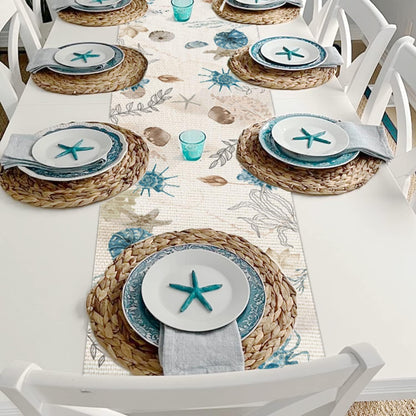 13x36 Inch PROCIDA Blue Beach Table Runner Tropical Ocean Coastal Table Runners Seashell Burlap Seasonal Nautical