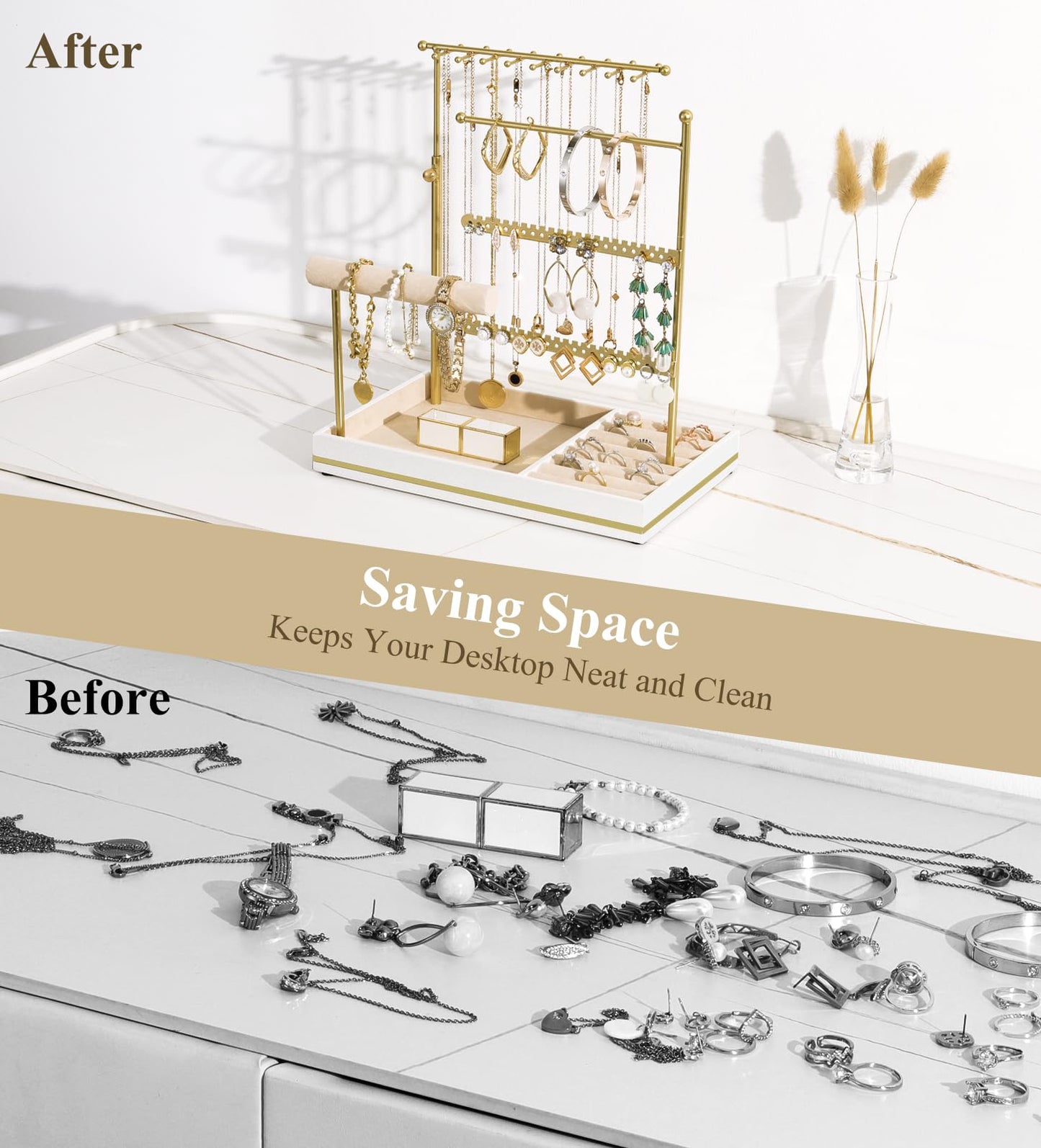 Emibele Jewelry Holder, Jewelry Organizer Stand Necklace Earrings Bracelet Holder, 5 Tier Jewelry Display Tower Rack with Metal Frame and Velvet Ring Tray, Aesthetic Jewelry Stand Gift for Women, Gold