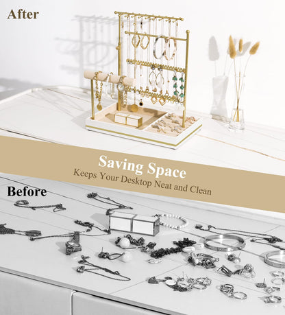 Emibele Jewelry Holder, Jewelry Organizer Stand Necklace Earrings Bracelet Holder, 5 Tier Jewelry Display Tower Rack with Metal Frame and Velvet Ring Tray, Aesthetic Jewelry Stand Gift for Women, Gold