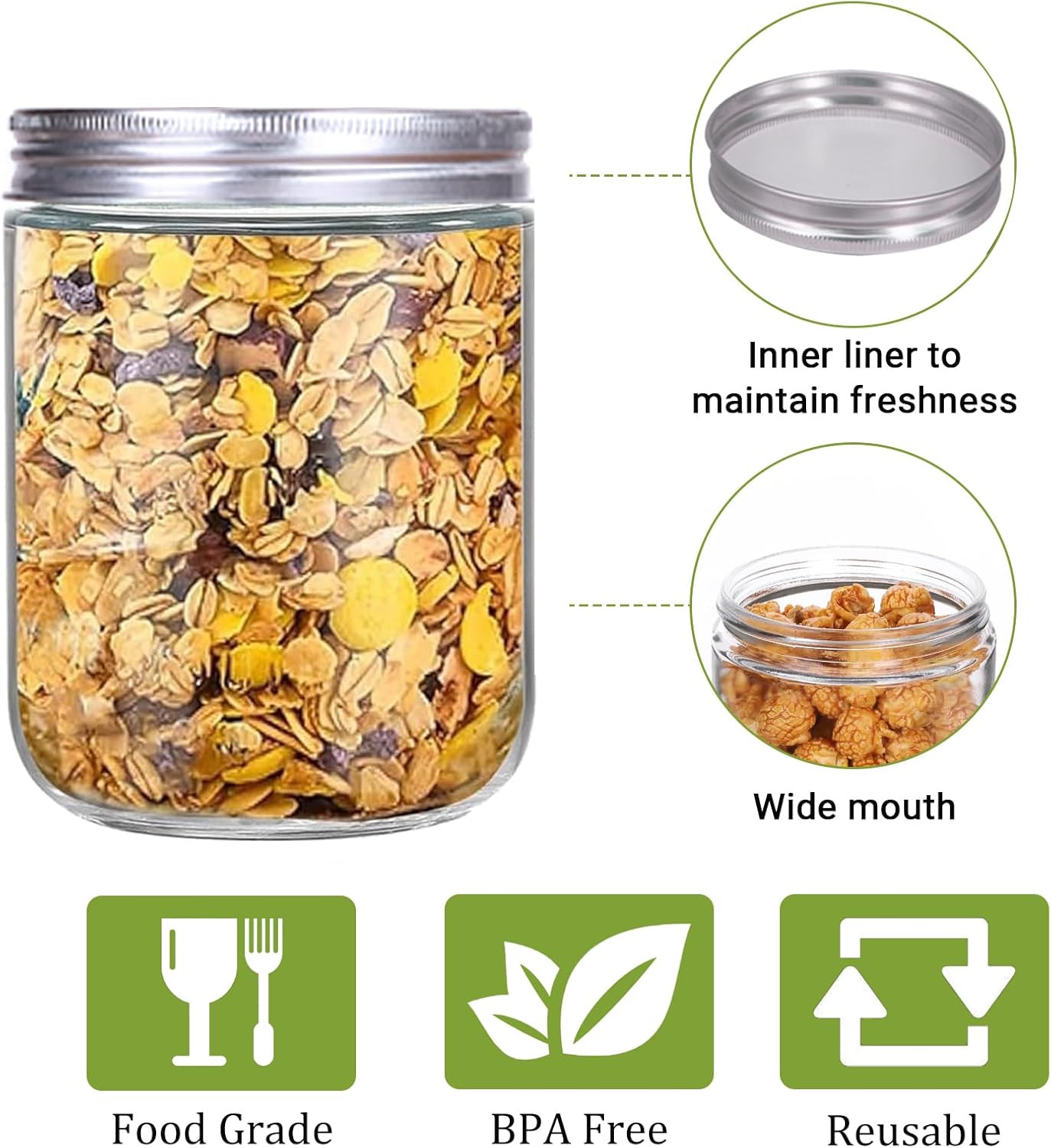 6 Pack 16 oz Glass Jars with Lids, Kitchen Canisters for Food Storage, Pantry Organization for Flour, Sugar, Coffee