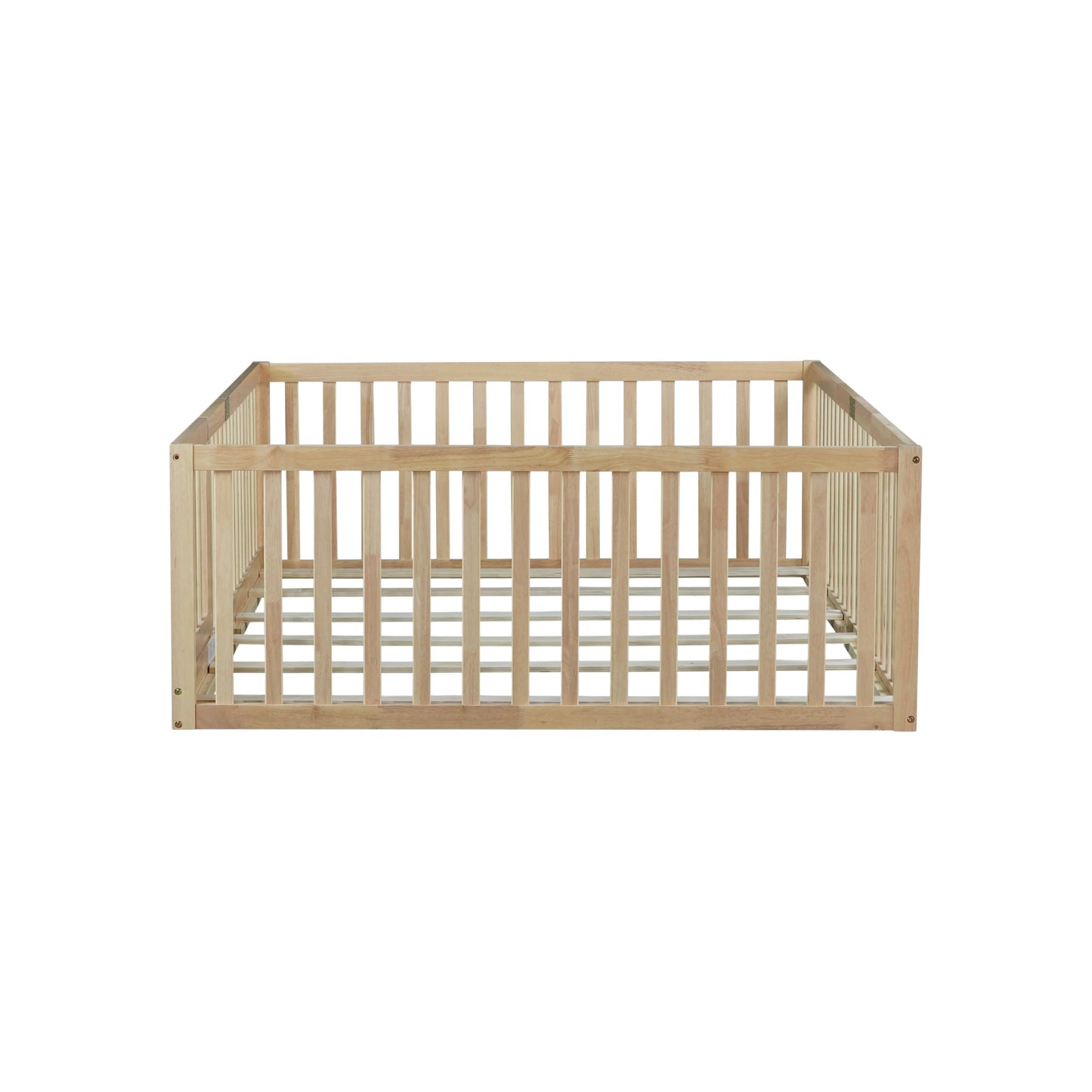 KEIKI Montessori Full Floor Bed with 21.5" High Fence, Revolving Door & 6 Slats, Rubber Wood Floor Bed Frame for Kids, Easy Assembly, Natural
