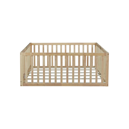 KEIKI Montessori Full Floor Bed with 21.5" High Fence, Revolving Door & 6 Slats, Rubber Wood Floor Bed Frame for Kids, Easy Assembly, Natural
