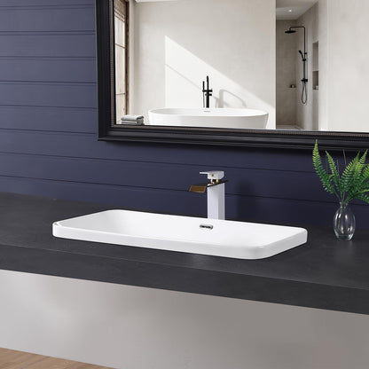 KMOEM Vessel Sink 32"x17" Semi Recessed Bathroom Sink Drop-in Bathroom Sink Support Dual Faucet Installation White Porcelain Ceramic Modern Rectangular Vanity Sinks with Overflow