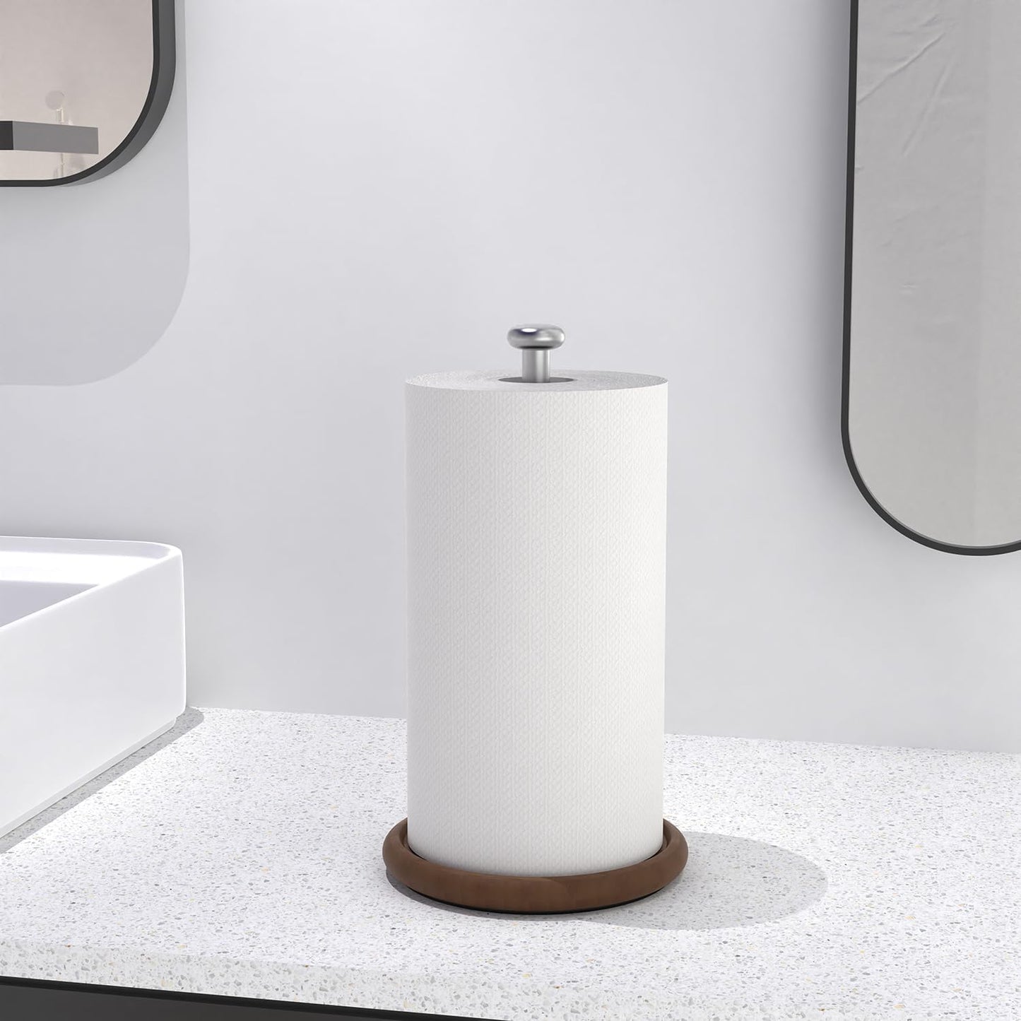 Countertop VEHHE Wooden Paper Towel Holder with Weighted Base, One-Handed Tear Paper Towel Holder Stand with Damping