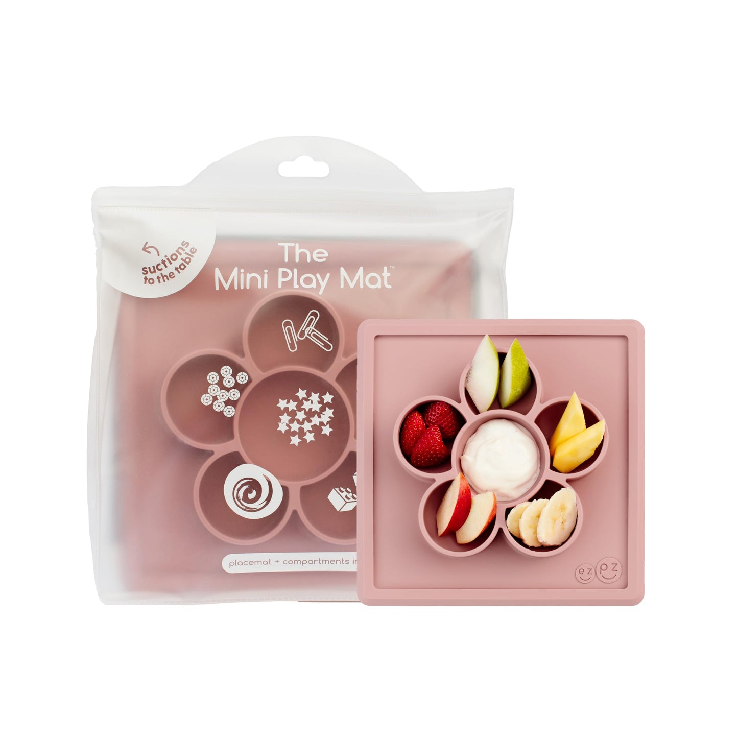 ezpz Mini Play Mat for Baby + Toddler (Blush) - 6 Months+ - Suction Plate with Flower Compartments for Crafts, Painting, Sorting, Snack Time - Promotes Pincer Grip