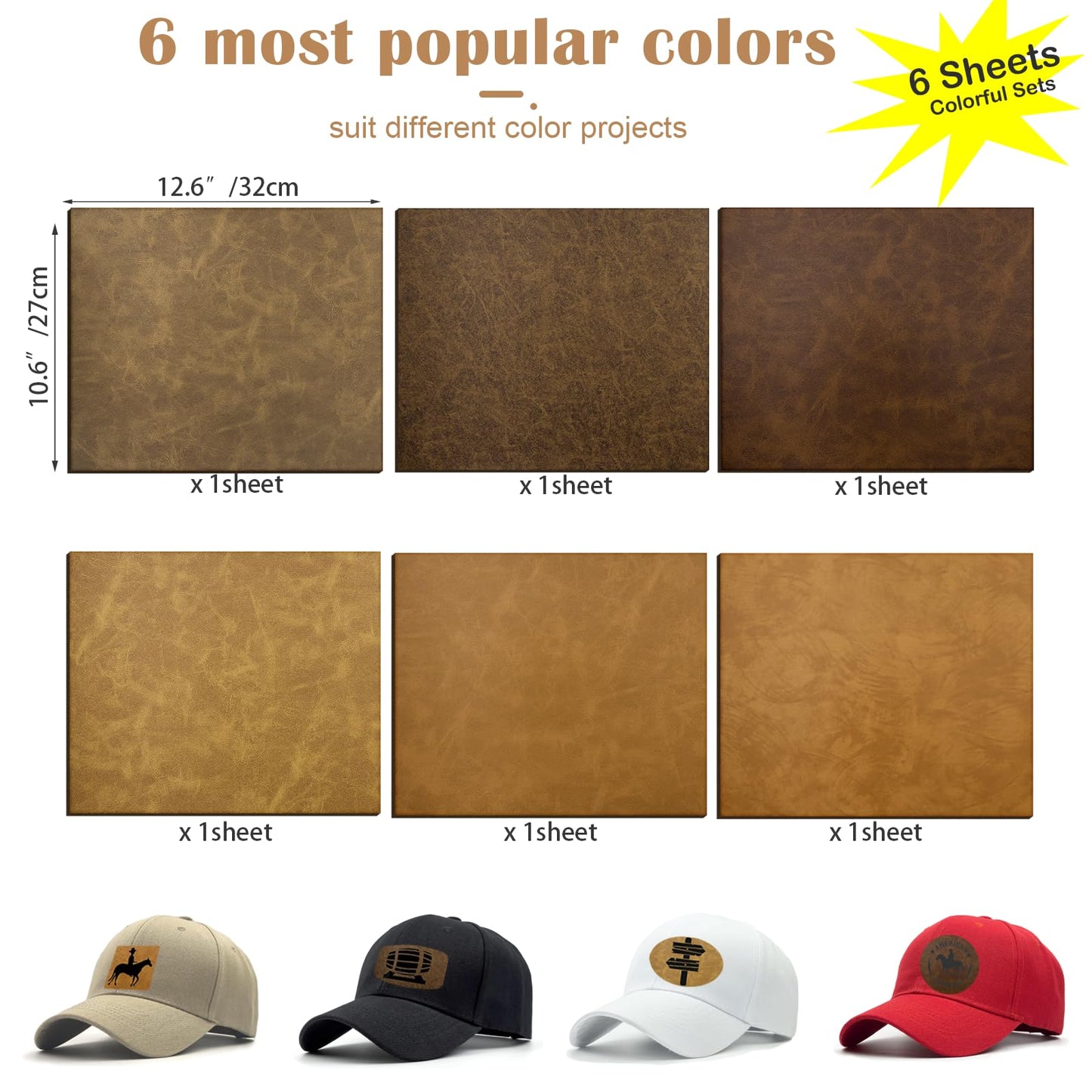 iFForce 12.6”X10.6“ Laser Engraving PU Leather Blanks - 6 Large Sheets Leatherette Iron on Hat Patches - Cut at Will Custom Any Shapes for DIY Hat & Clothes Business (6 Sheets, 6 Colors)