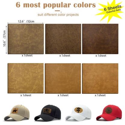 iFForce 12.6”X10.6“ Laser Engraving PU Leather Blanks - 6 Large Sheets Leatherette Iron on Hat Patches - Cut at Will Custom Any Shapes for DIY Hat & Clothes Business (6 Sheets, 6 Colors)