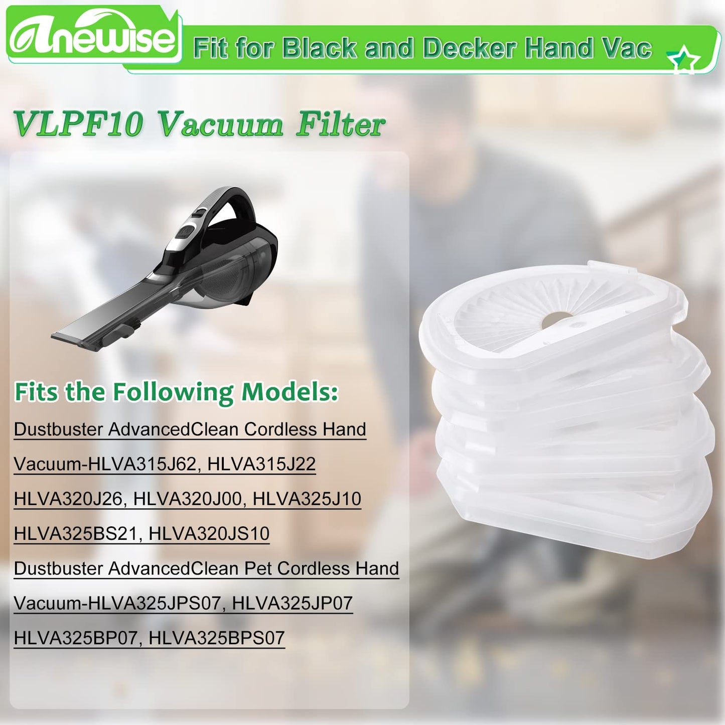 Anewise 4 Pack VLPF10 Replacement Filters Compatible with Black and Decker Hand Vacuum HLVA320J, HLVA315J62, HLVA325JP07, HLVA325BP07, HLVA320J00, HLVA325J10, N575266, Compare to Part #VLPF10