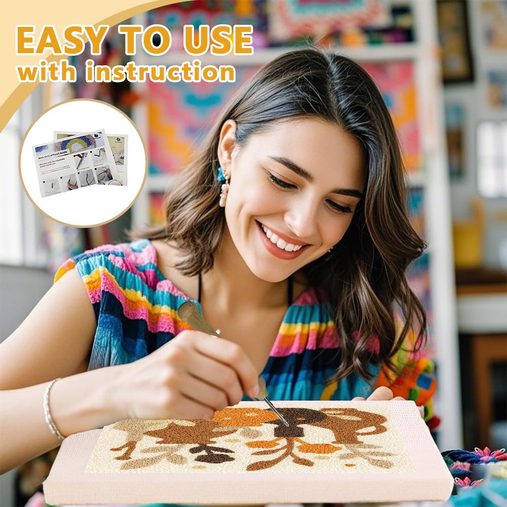 DOODLREAM Bohemian Vase DIY Punch Needle Embroidery Kit for Adult Beginner, 9.4" Vase and Floral Punch Stitching Craft Set for Starter with Frame, Fabric Pattern, Threader, Yarn, Punch Needle