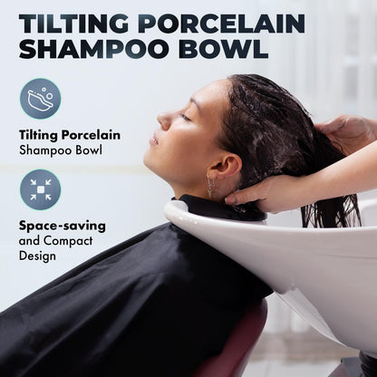 Buy-Rite Paris Pedestal Shampoo Unit with stainless steel base, white tilting porcelain bowl, faucet, spray hose, drain, and vacuum breaker – durable professional salon equipment.