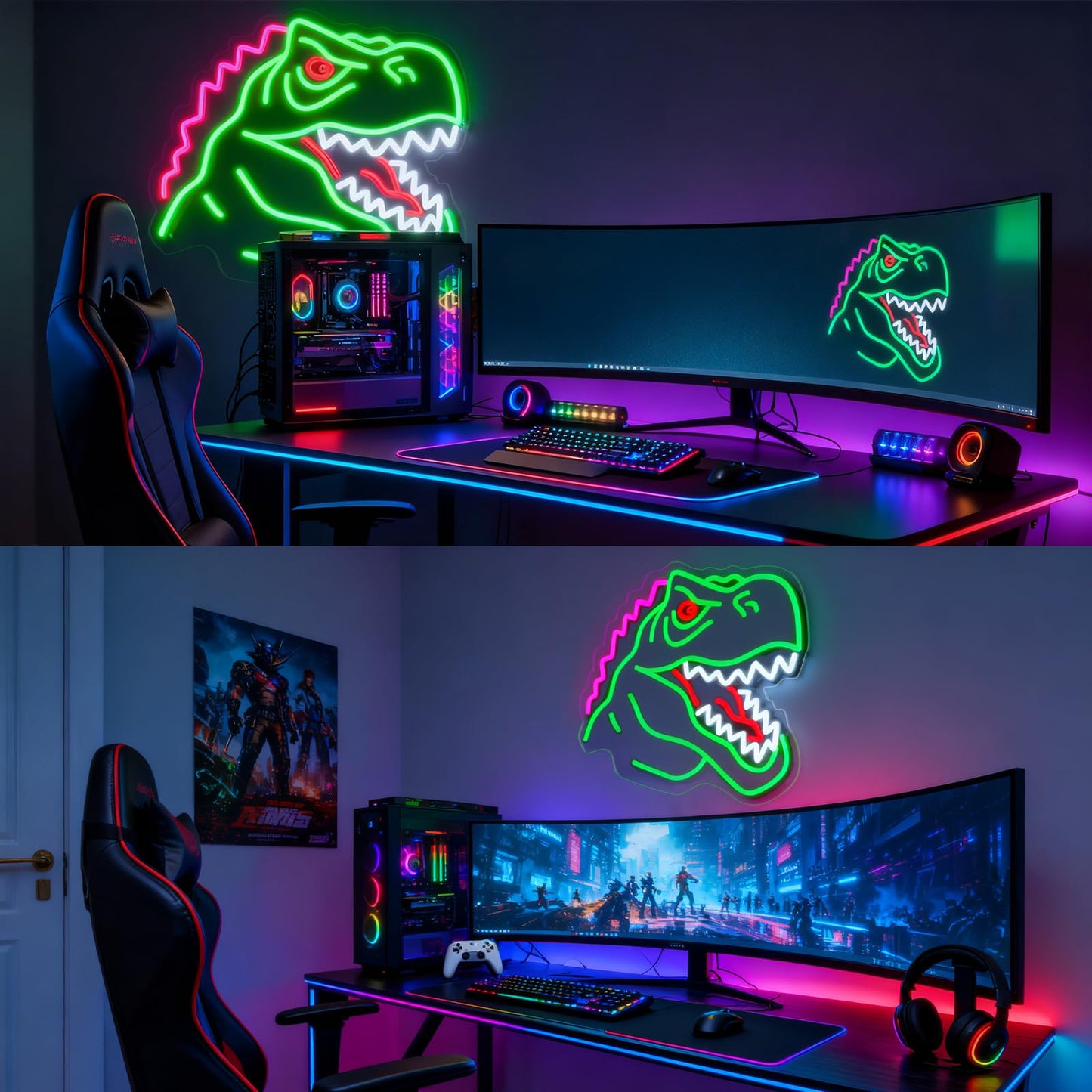 Dinosaur Neon Sign Lights for Wall Decor, T-REX LED Sign for Room and Man Cave Decor, Dimmable Powered LED Signs for Bedroom, Man Cave Party, Birthday Christmas Gift (T-REX Green)