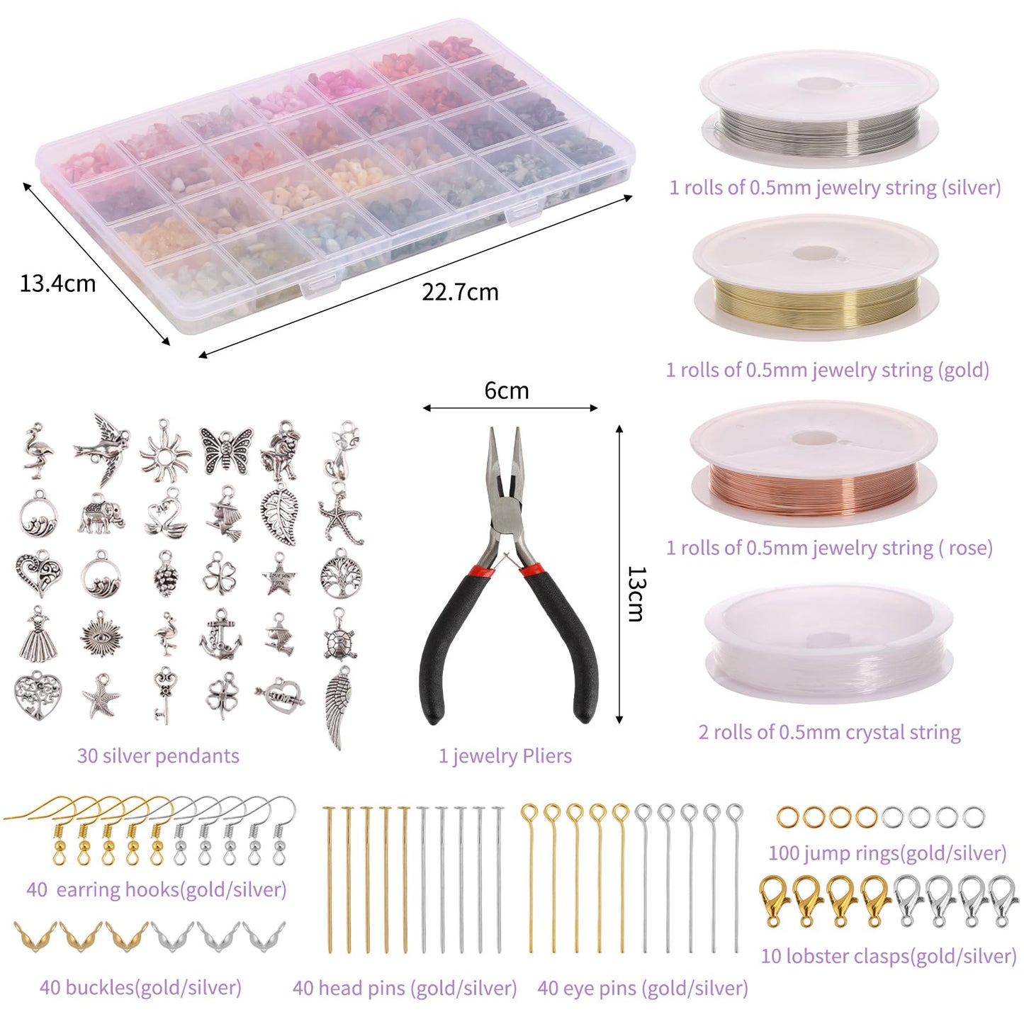 QUEFE Jewelry Making Supplies Kit 1800pcs 56 Colors Crystal Beads, Bracelet Making Kit Gemstone Chip Beads Irregular Natural Stone Jewelry Pliers, Beading Wire, Earring Hooks, Rings for DIY Crafter