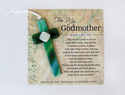 Handmade USA Glass Cross with Sentiment for Godmother - Gift from Goddaughter/Godson/Godchild for