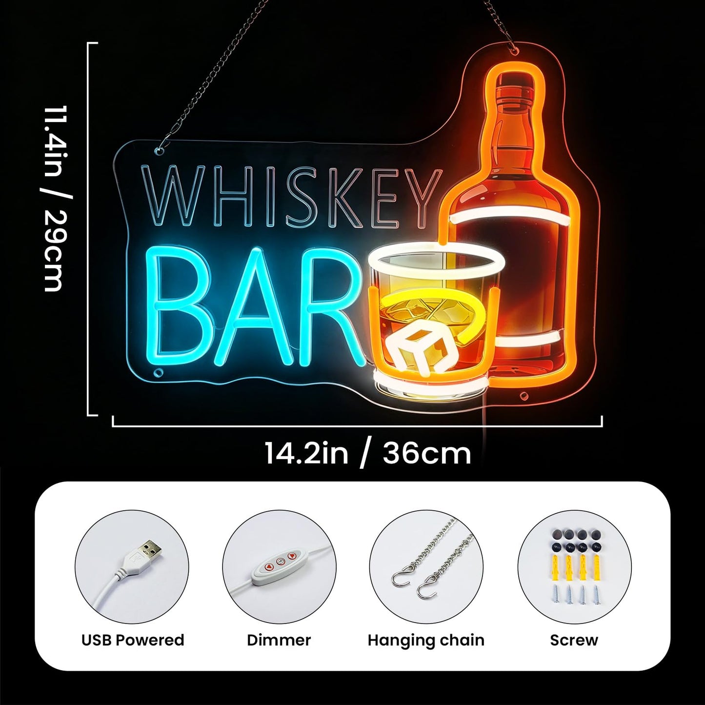 Whiskey Bar Neon Sign, LED Sign for Man Cave Decor, Neon Bar Signs for Home Bar, Bar Wall Art, Cool Whiskey Gifts for Men, Dimmable UV Printed Light Sign, 14.2 x 11.4 In