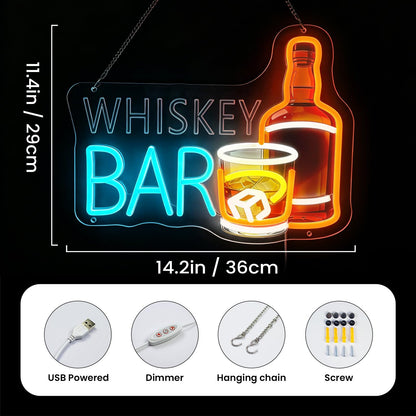Whiskey Bar Neon Sign, LED Sign for Man Cave Decor, Neon Bar Signs for Home Bar, Bar Wall Art, Cool Whiskey Gifts for Men, Dimmable UV Printed Light Sign, 14.2 x 11.4 In