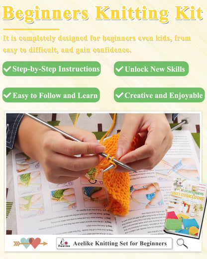 Aeelike Knitting Kit for Beginners, Complete Beginner Knitting Kit Easy Knitting Set Including Knitting Needles Set Cotton Yarn, Learn to Knit Dishcloth with Step-by-Step Instructions, Colorful