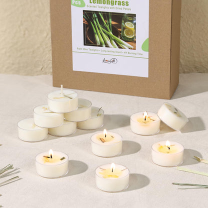 Citronella Tea Light Candles Outdoor, 8 Pack- Extended 4-5h Clear Cup Scented Tealight Candles with Handmade Floral Surface, 100% Natural Palm Wax Tealights Smokeless for Patio, Summer, Indoor
