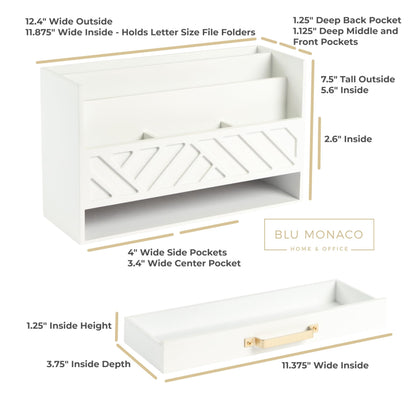 BLU MONACO | White Wooden Desk Organizer & Mail Organizer with Drawer & Gold Handle | Mail Sorter Countertop | 6 Compartments | White Desktop Organizer for Desk