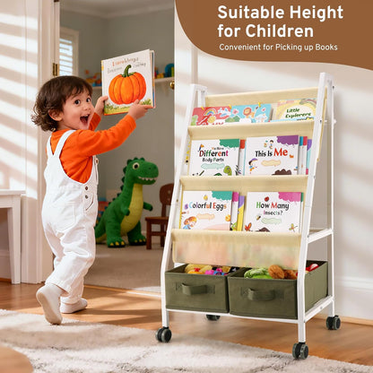 EARLY MINDS 3-Tier Kids Bookshelf with Storage, Wheels & Handle, Montessori Sling Book Organizer for Toddlers