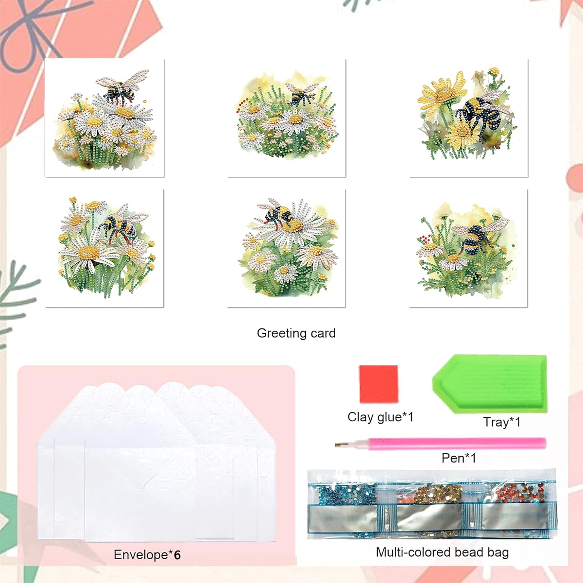 LSQFS 6 PCS Diamond Painting Greeting Cards, Daisy & Bee Floral Diamond Art Kits for Adults with Envelopes, 5.9x11.81in DIY Gem Art Craft Kit for Birthday, Thank You, Mother's Day & All Occasions