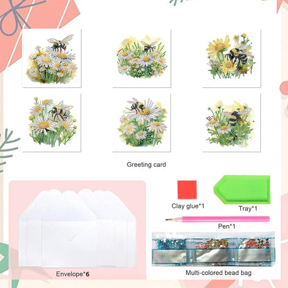 LSQFS 6 PCS Diamond Painting Greeting Cards, Daisy & Bee Floral Diamond Art Kits for Adults with Envelopes, 5.9x11.81in DIY Gem Art Craft Kit for Birthday, Thank You, Mother's Day & All Occasions