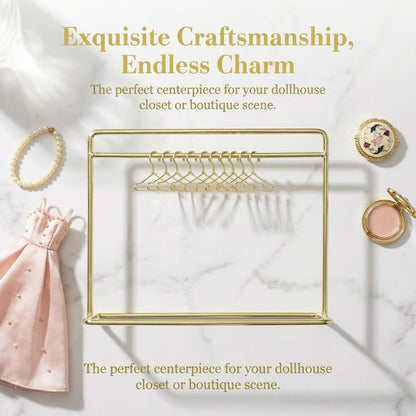 STOBOK Miniature Doll Garment Rack with 10Pcs Mini Clothes Hangers Mini Doll Dress Clothing Display Rack Metal Dollhouse Furniture Bedroom,Living Room,Shower Accessories Supplies, Golden 5.9x4.7in