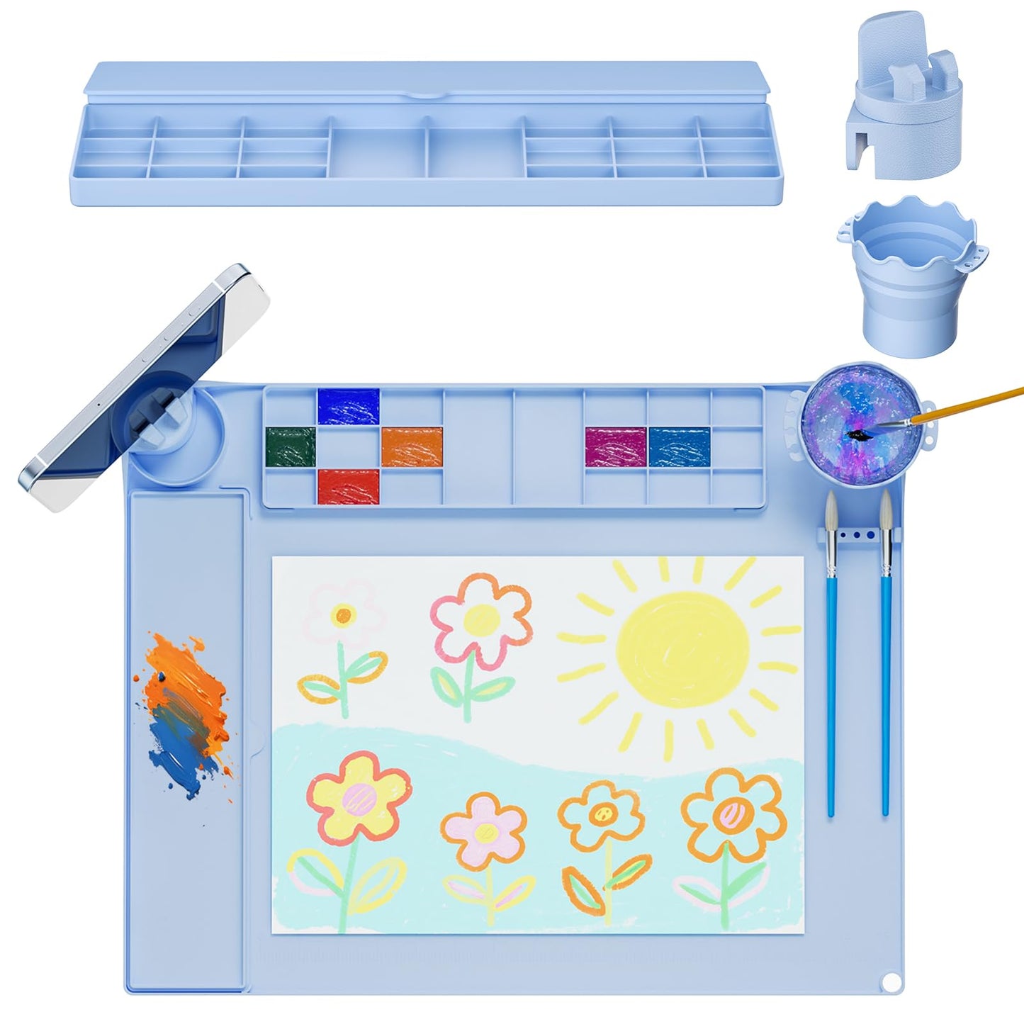 Silicone Art Mat for Kids Silicone Painting Mat Silicone Painting Station with Detachable Cup,Palette with Lid &360°Phone Holder Craft Mat for Kid Paint Mat with Bulit-in Brush Rest&Ruler 20"X16" Blue