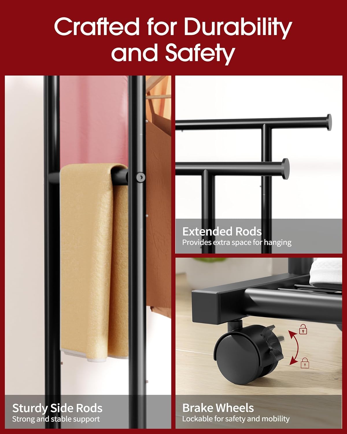 Sakugi Metal Clothes Rack - Double Rod Design with Rolling Wheels & Built-In Shelf | 38.5" x 16.9" x 59.0", Black